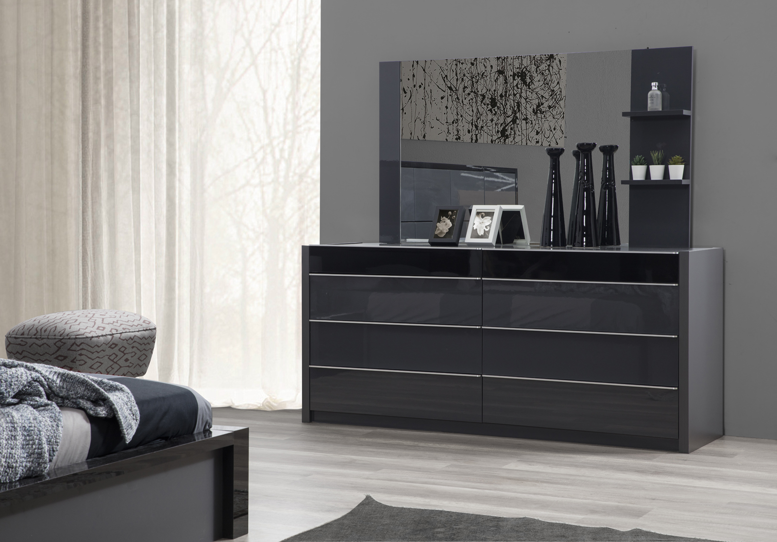 Milan Black Grey 6 Drawer Dresser With, Long Black Dresser With Mirror